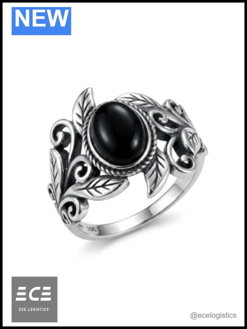 925 Sterling Silver Leaf Ring Oval Black Onyx Statement Size 6